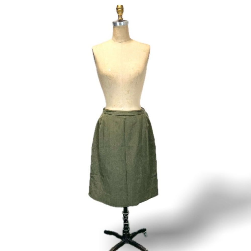 VINTAGE 60s army drab green short skirt straight pencil uniform cotton canvas
